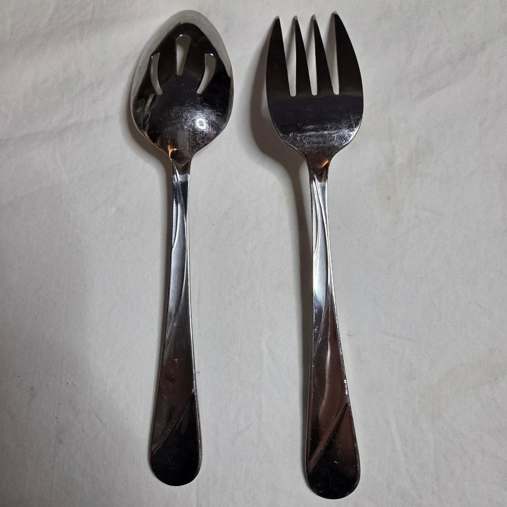 Stainless Steel Serving Spoon and Fork‎ Set Salad Utensils Silver Tone